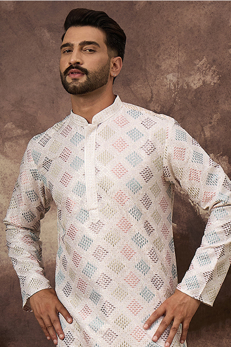 White Silk Blend Solid Embroidered Straight Kurta | SHOBITAM