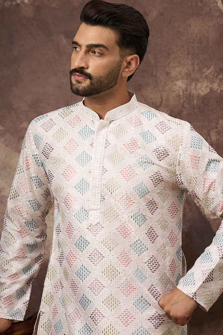 White Silk Blend Solid Embroidered Straight Kurta | SHOBITAM