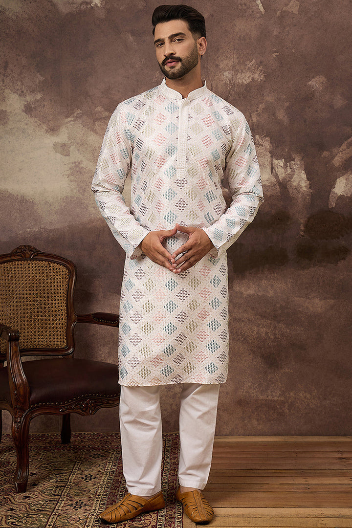 White Silk Blend Solid Embroidered Straight Kurta | SHOBITAM