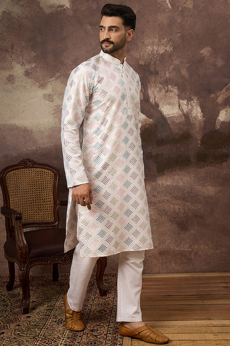 White Silk Blend Solid Embroidered Straight Kurta | SHOBITAM