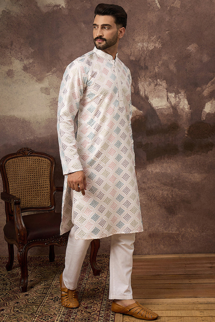 White Silk Blend Solid Embroidered Straight Kurta | SHOBITAM
