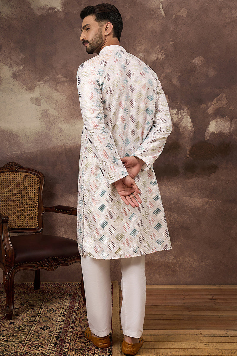 White Silk Blend Solid Embroidered Straight Kurta | SHOBITAM