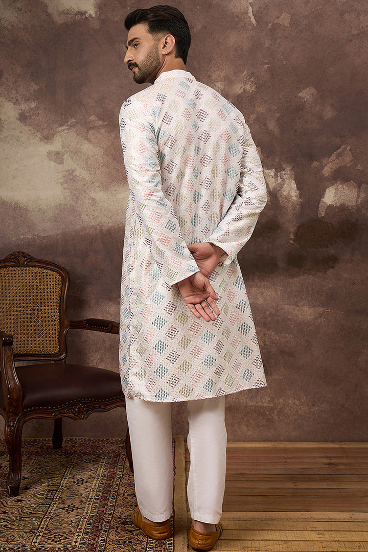 White Silk Blend Solid Embroidered Straight Kurta | SHOBITAM