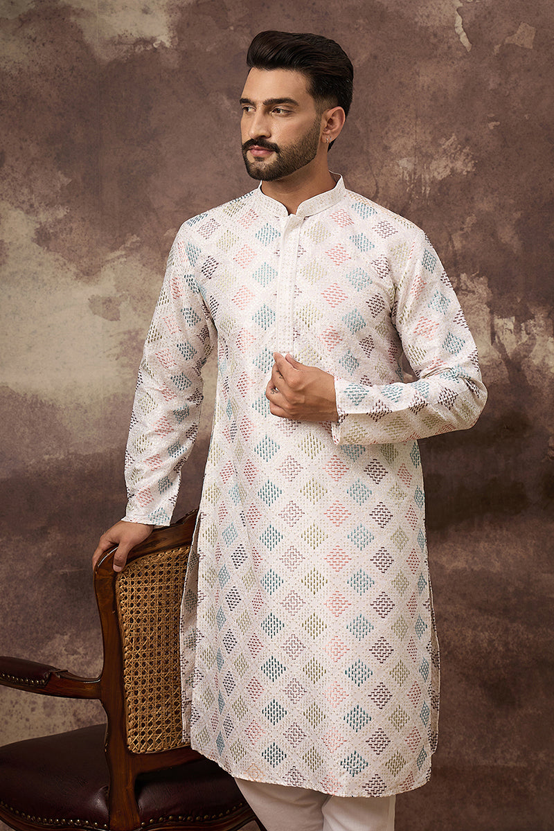 White Silk Blend Solid Embroidered Straight Kurta | SHOBITAM