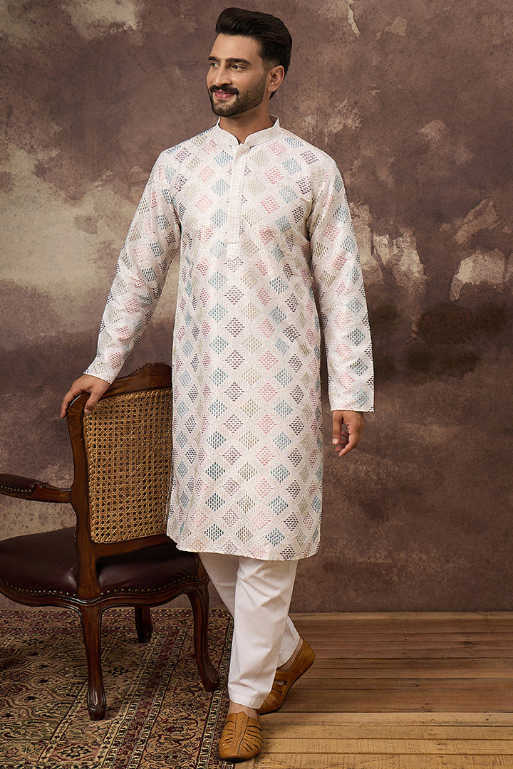 White Silk Blend Solid Embroidered Straight Kurta | SHOBITAM
