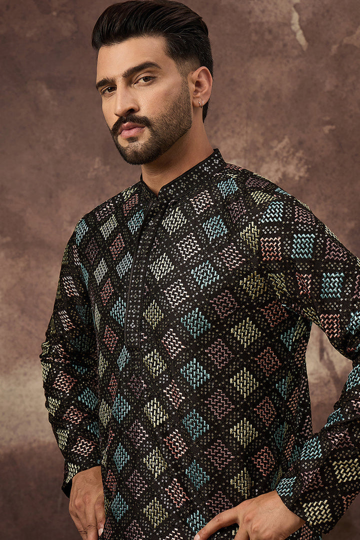 Black Silk Blend Solid Embroidered Straight Kurta With Pant Set For Men | SHOBITAM