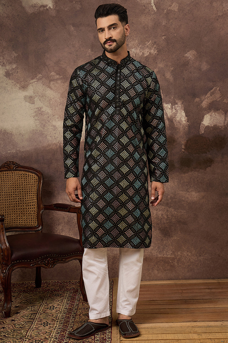 Black Silk Blend Solid Embroidered Straight Kurta With Pant Set For Men | SHOBITAM