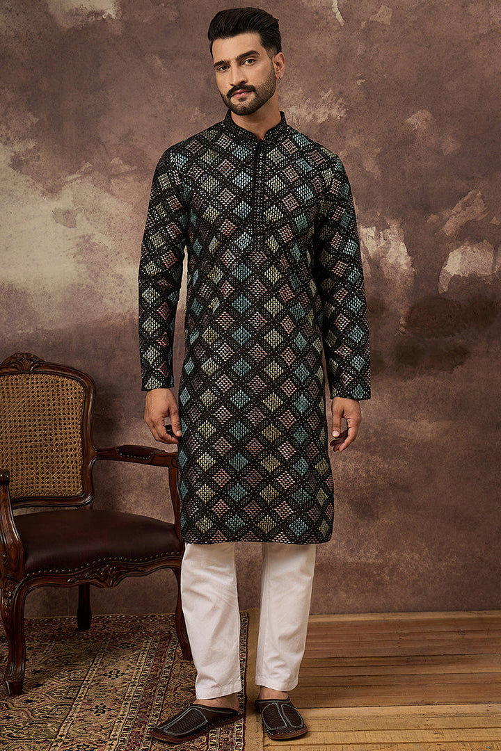 Black Silk Blend Solid Embroidered Straight Kurta With Pant Set For Men | SHOBITAM
