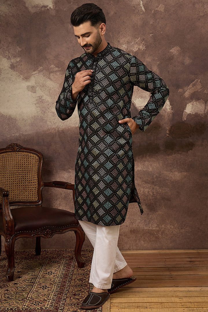 Black Silk Blend Solid Embroidered Straight Kurta | SHOBITAM