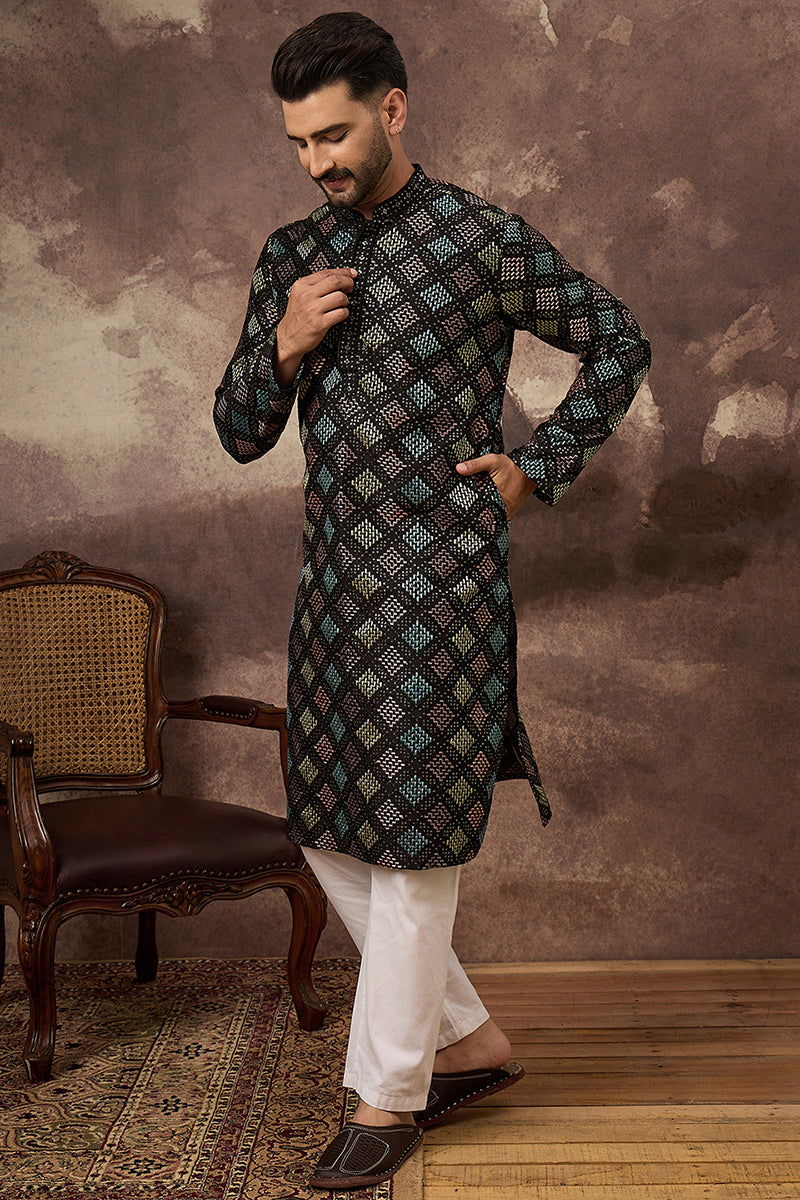 Black Silk Blend Solid Embroidered Straight Kurta With Pant Set For Men | SHOBITAM
