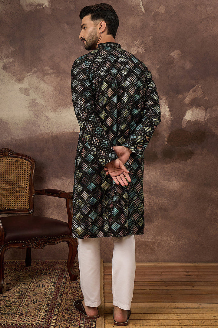 Black Silk Blend Solid Embroidered Straight Kurta With Pant Set For Men | SHOBITAM