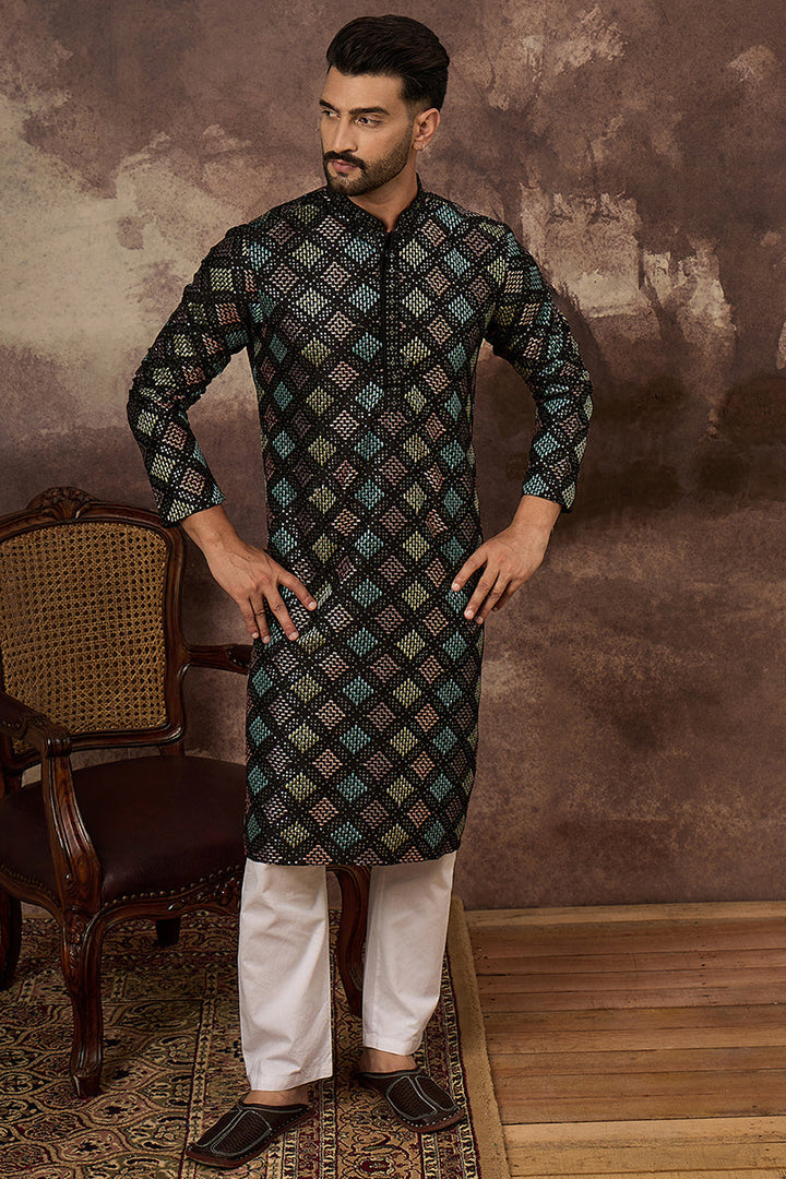 Black Silk Blend Solid Embroidered Straight Kurta | SHOBITAM