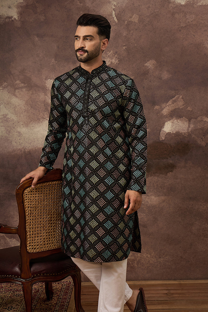Black Silk Blend Solid Embroidered Straight Kurta | SHOBITAM