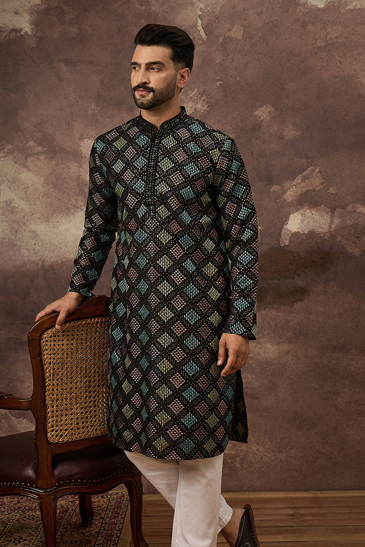 Black Silk Blend Solid Embroidered Straight Kurta With Pant Set For Men | SHOBITAM