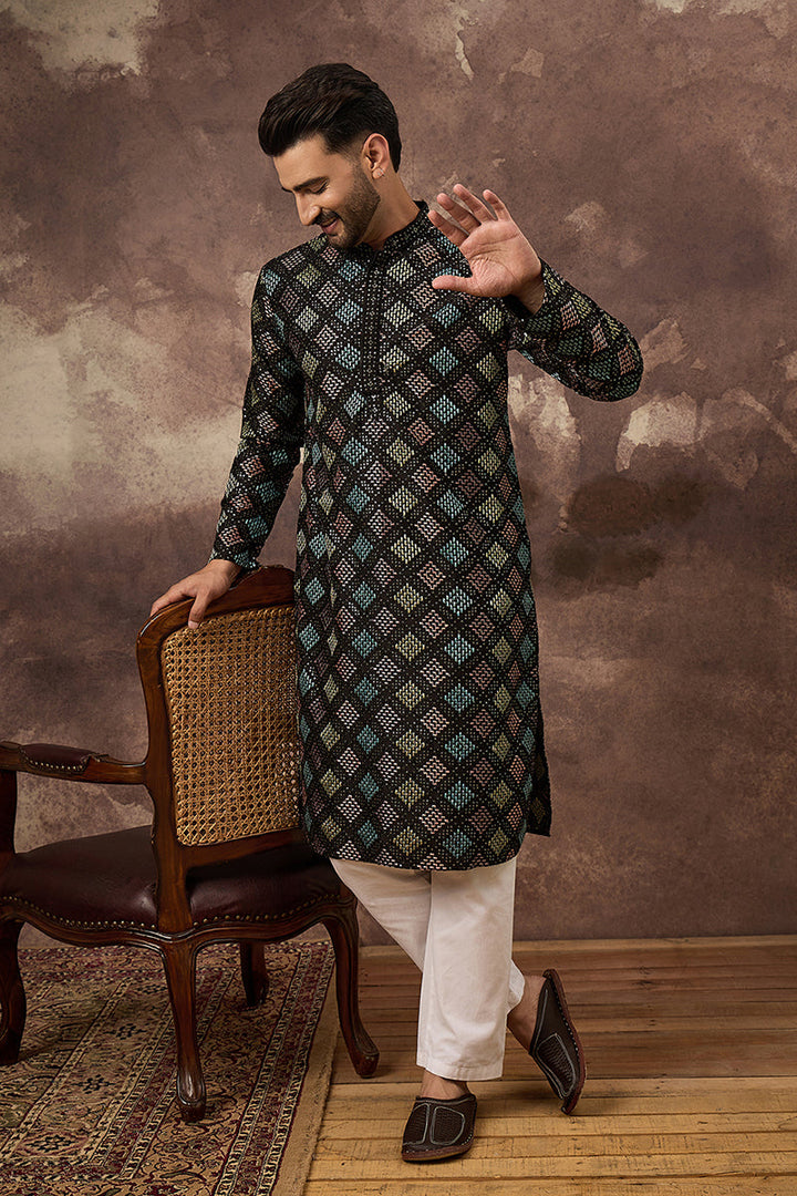 Black Silk Blend Solid Embroidered Straight Kurta | SHOBITAM