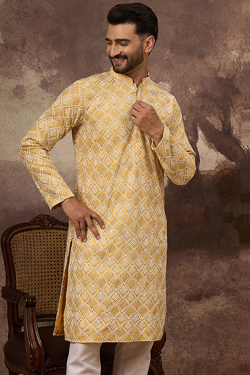 Yellow Viscose Rayon Solid Embroidered Straight Kurta  | SHOBITAM