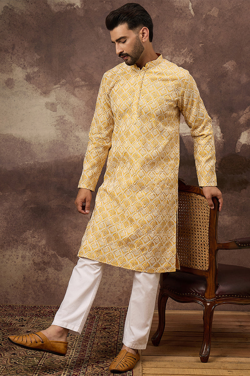 Yellow Viscose Rayon Solid Embroidered Straight Kurta  | SHOBITAM