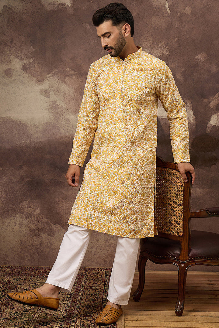 Yellow Viscose Rayon Solid Embroidered Straight Kurta  | SHOBITAM