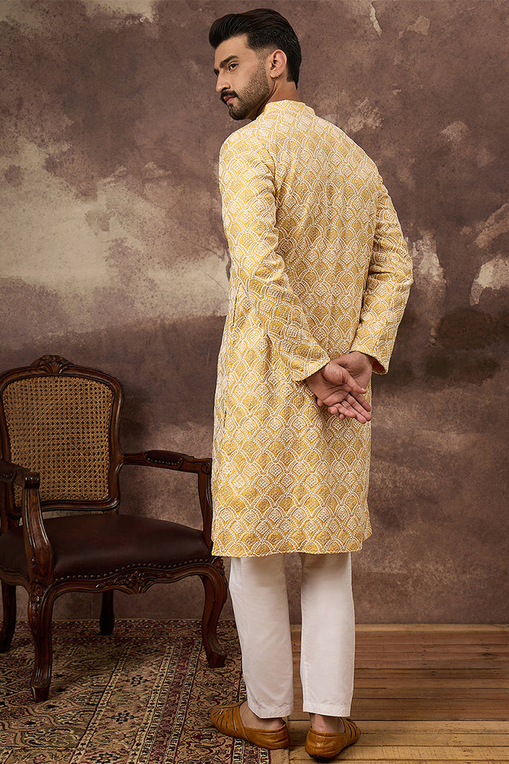 Yellow Viscose Rayon Solid Embroidered Straight Kurta  | SHOBITAM