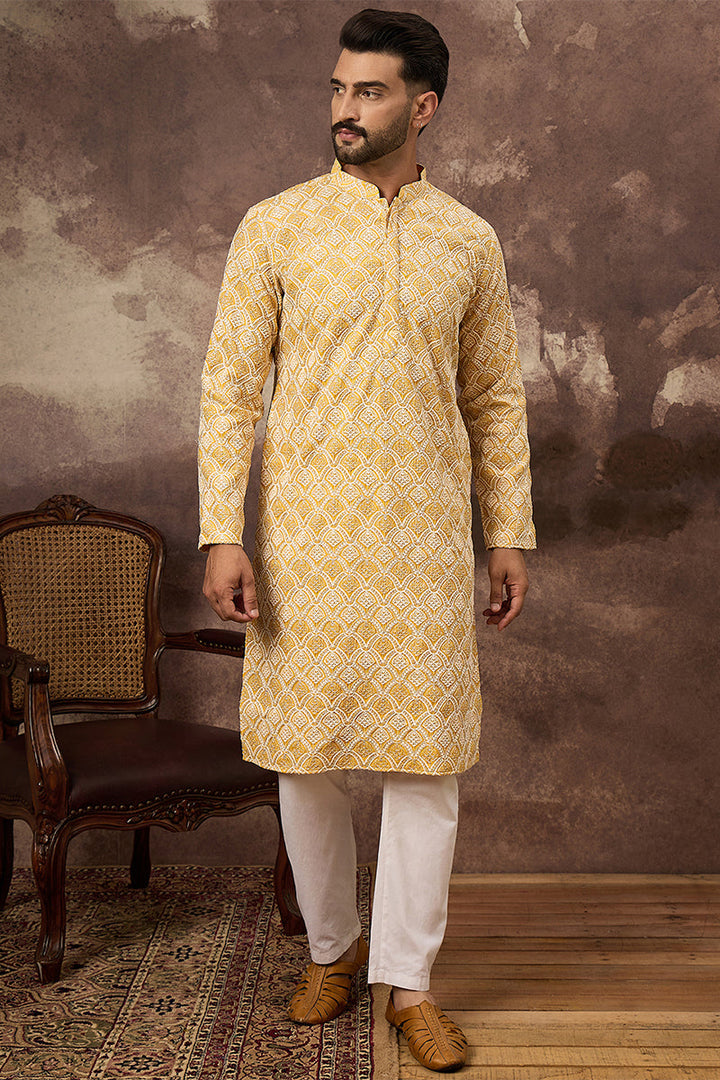 Yellow Viscose Rayon Solid Embroidered Straight Kurta  | SHOBITAM
