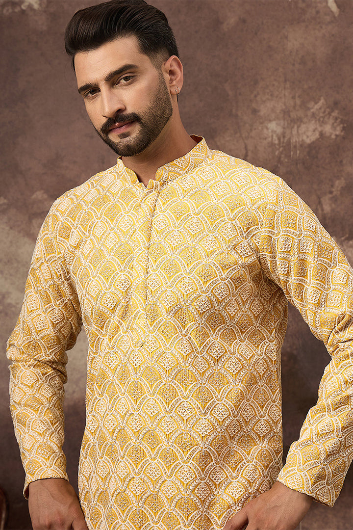 Yellow Viscose Rayon Solid Embroidered Straight Kurta  | SHOBITAM