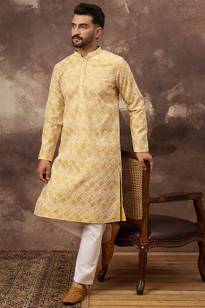 Yellow Viscose Rayon Solid Embroidered Straight Kurta  | SHOBITAM