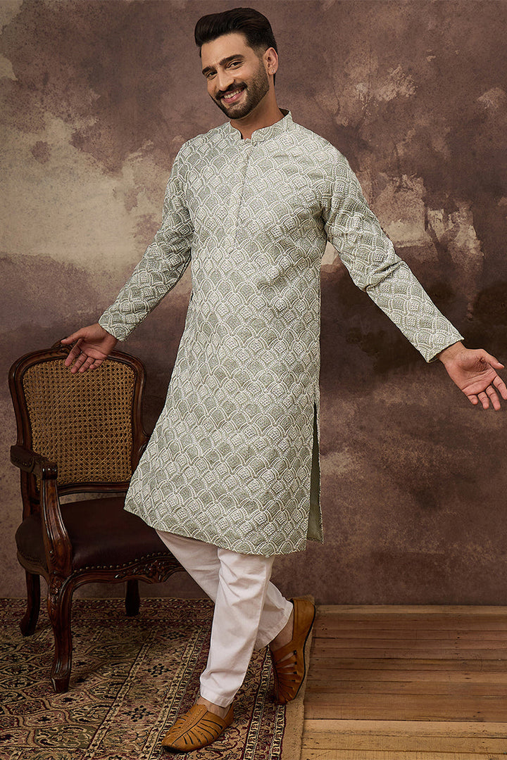 Green Viscose Rayon Solid Embroidered Straight Kurta | SHOBITAM