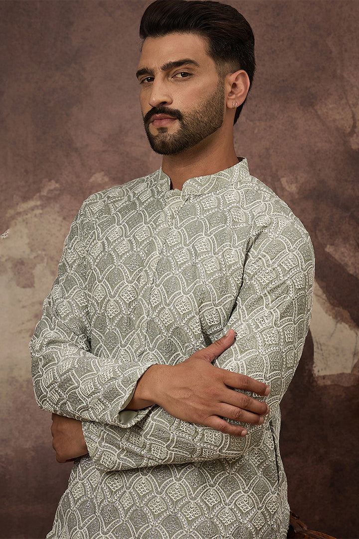 Green Viscose Rayon Solid Embroidered Straight Kurta | SHOBITAM