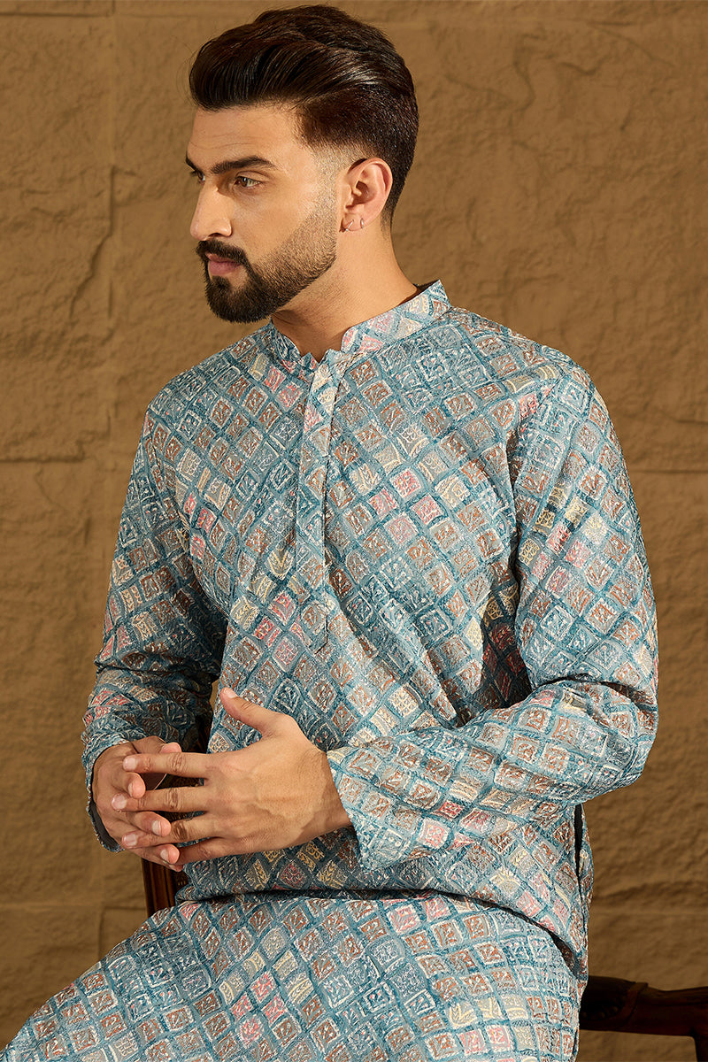 Blue Viscose Rayon Solid Embroidered Straight Kurta With Pant Set | SHOBITAM