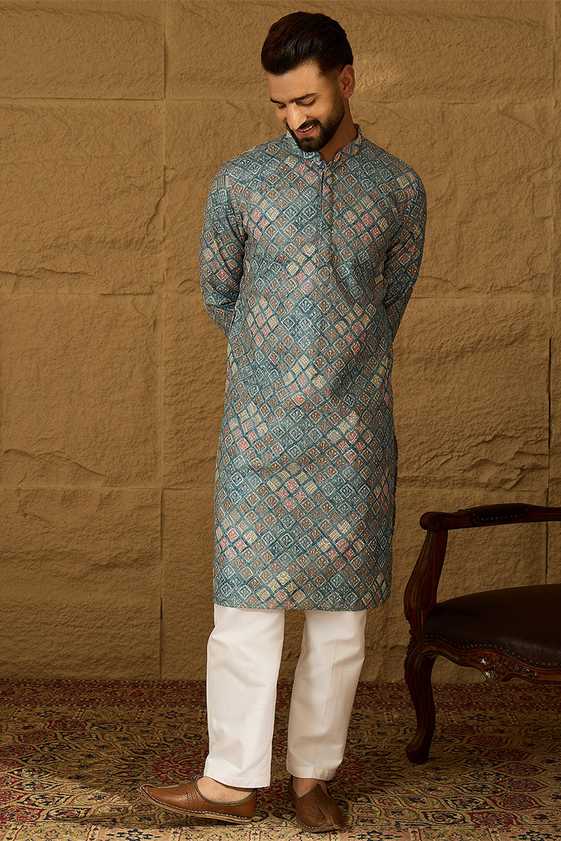 Blue Viscose Rayon Solid Embroidered Straight Kurta With Pant Set | SHOBITAM