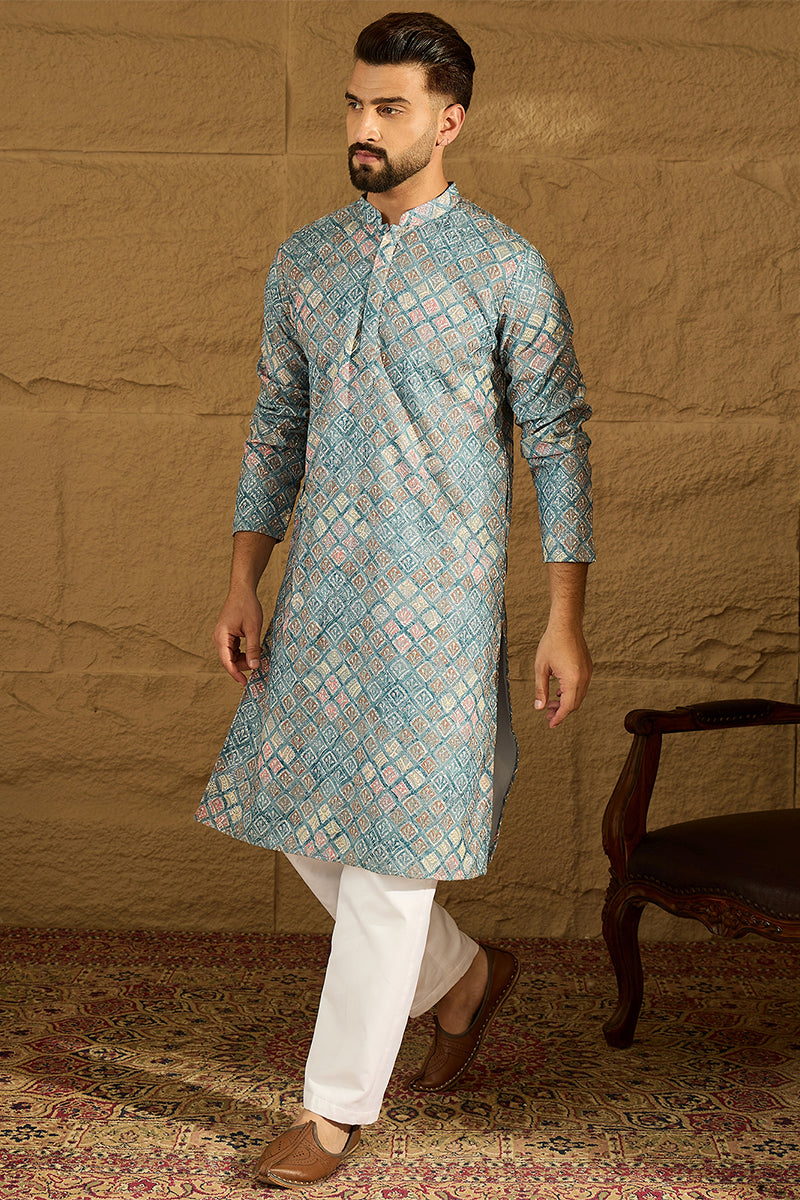 Blue Viscose Rayon Abstract Embroidered Straight Kurta | SHOBITAM