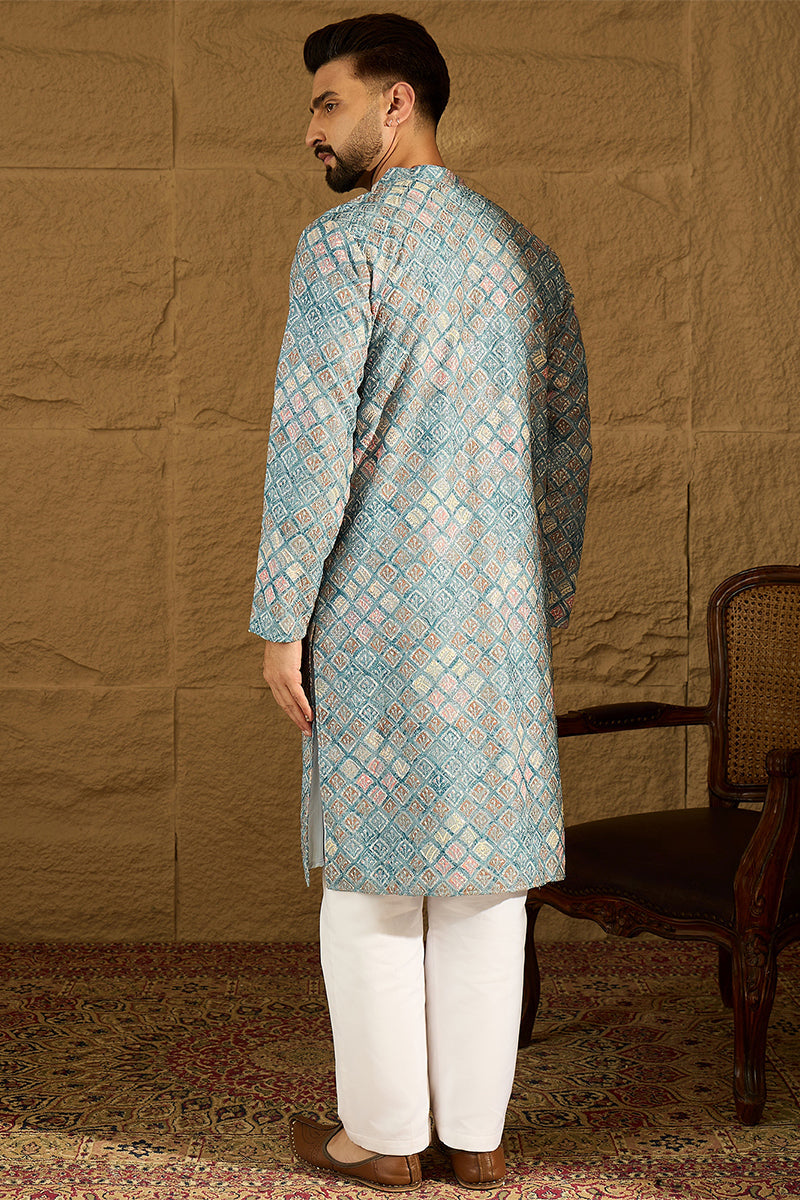 Blue Viscose Rayon Solid Embroidered Straight Kurta With Pant Set | SHOBITAM