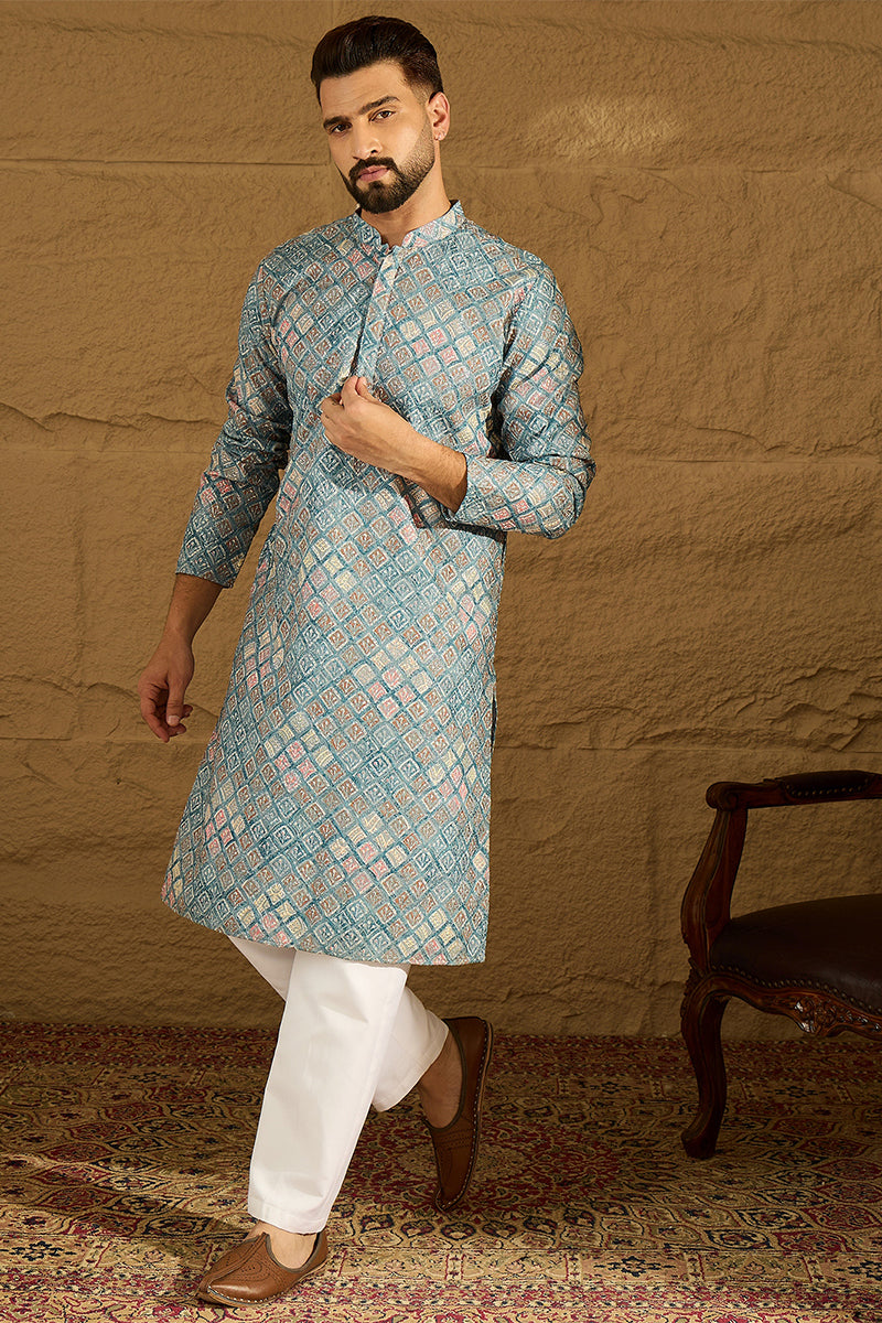 Blue Viscose Rayon Abstract Embroidered Straight Kurta | SHOBITAM