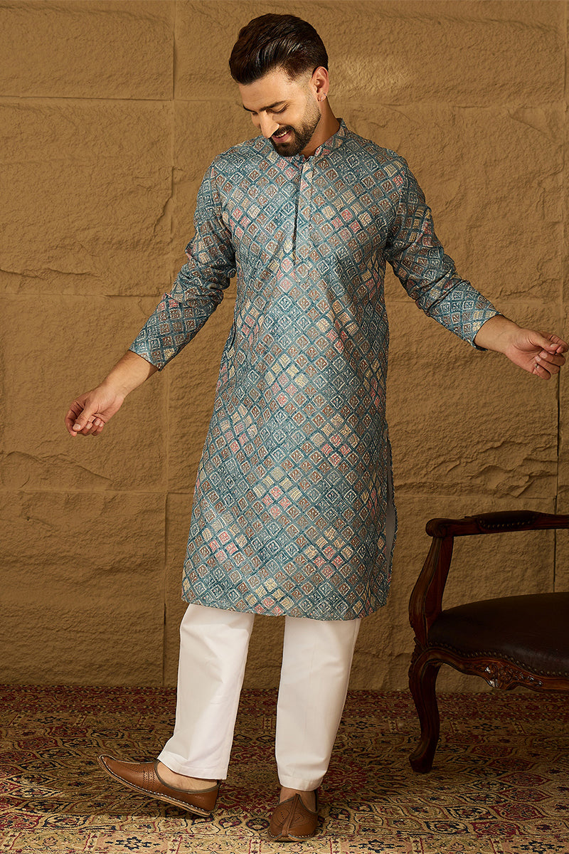 Blue Viscose Rayon Solid Embroidered Straight Kurta With Pant Set | SHOBITAM