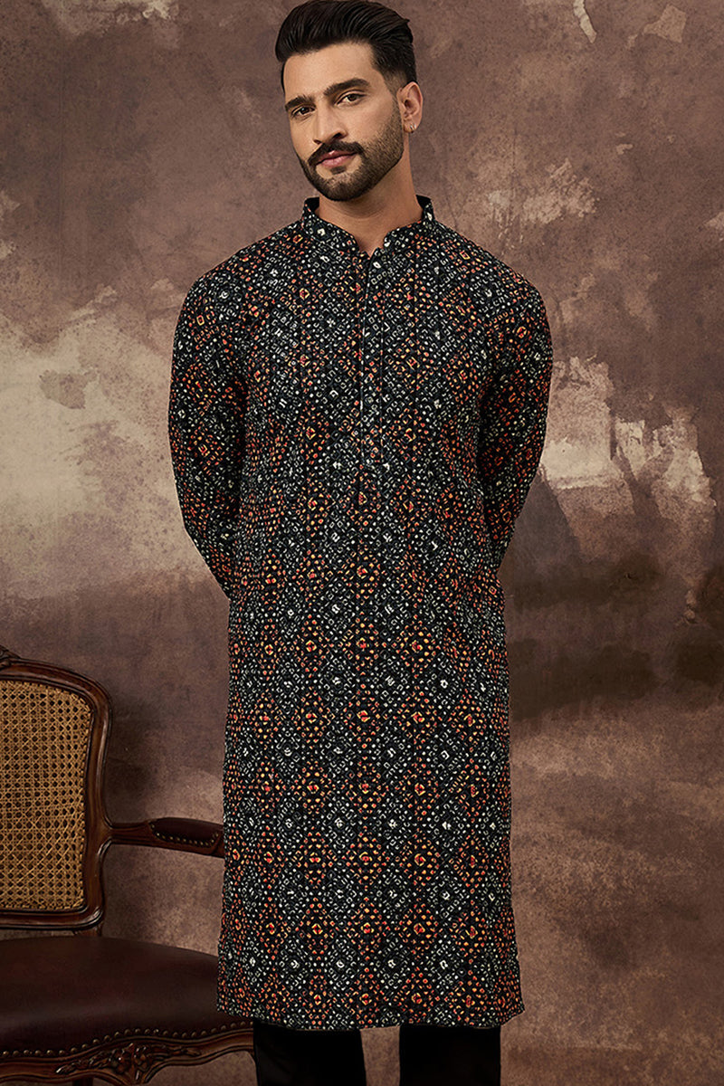 Black Viscose Rayon Embroidered Mandarin Collar Straight Kurta | SHOBITAM