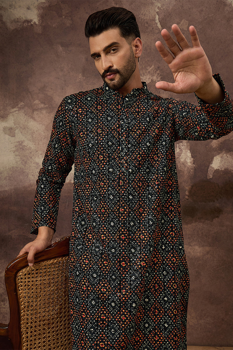 Black Viscose Rayon Bandhani Embroidered Straight Kurta With Pant Set | SHOBITAM