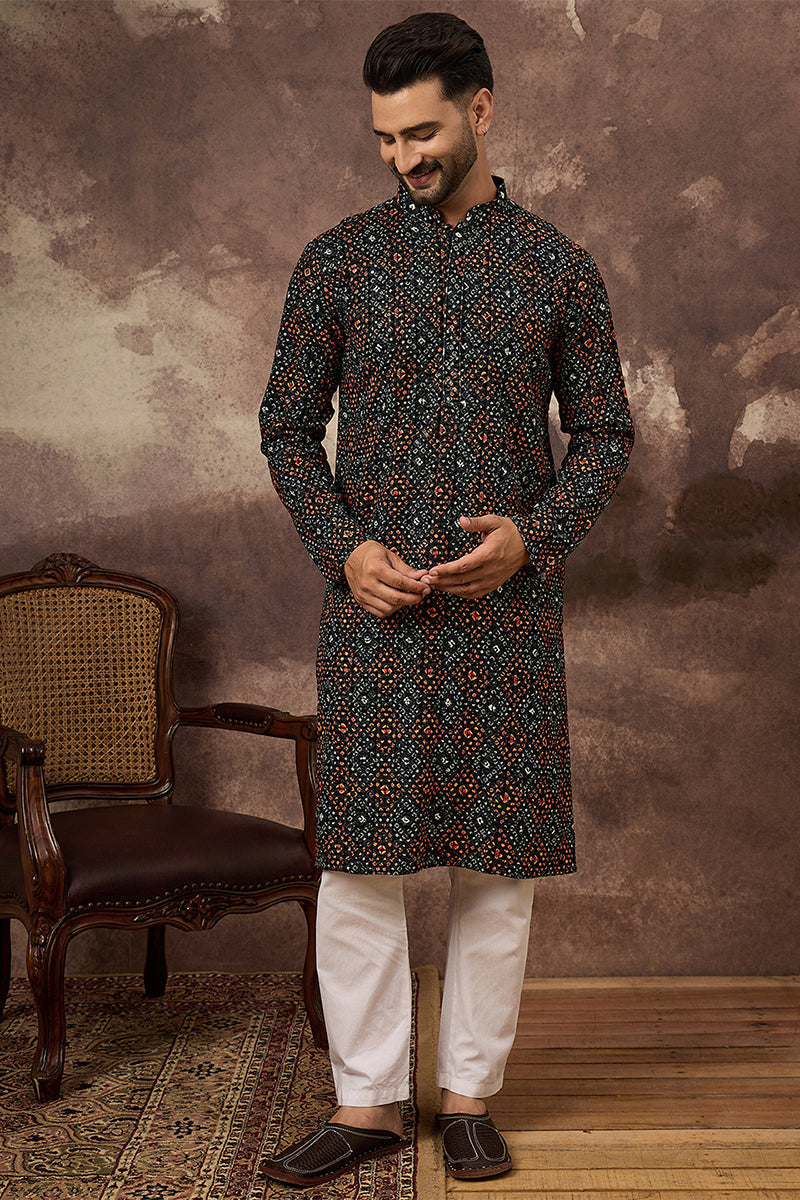 Black Viscose Rayon Bandhani Embroidered Straight Kurta With Pant Set | SHOBITAM