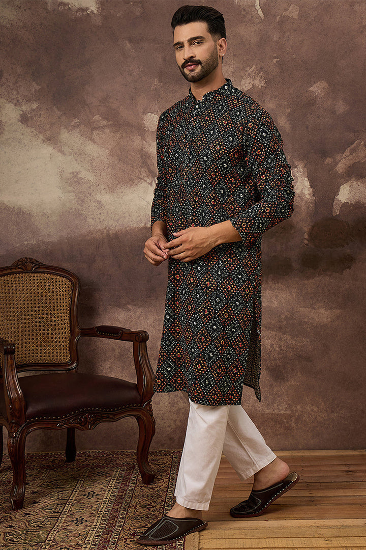 Black Viscose Rayon Embroidered Mandarin Collar Straight Kurta | SHOBITAM