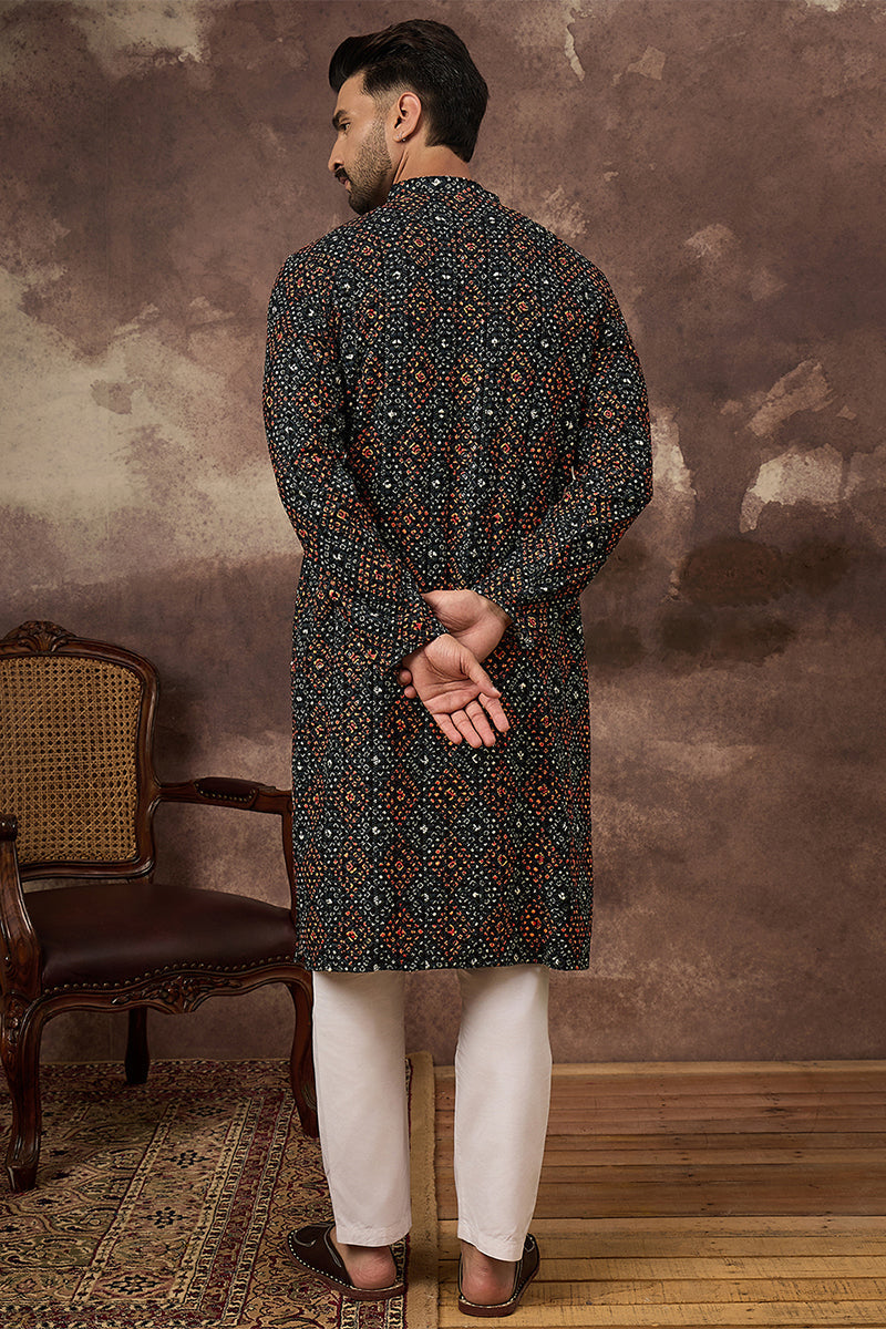 Black Viscose Rayon Bandhani Embroidered Straight Kurta With Pant Set | SHOBITAM