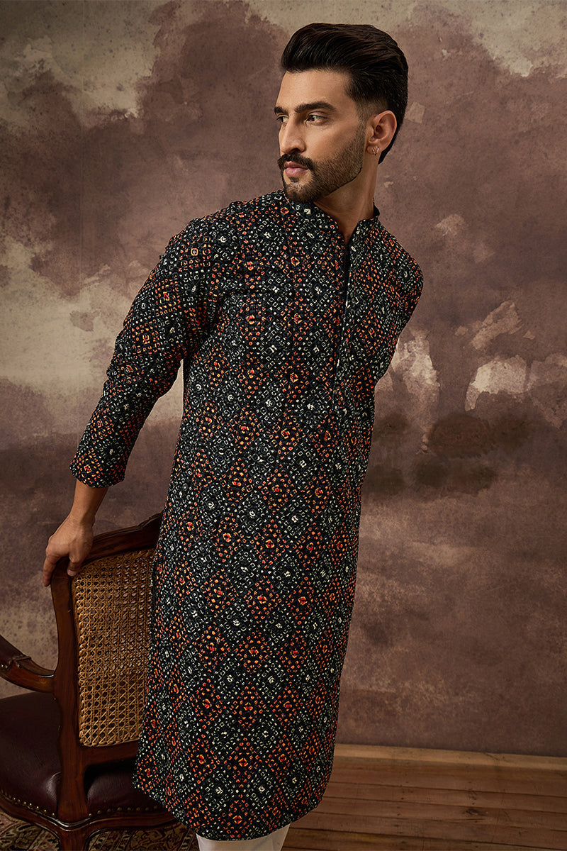 Black Viscose Rayon Bandhani Embroidered Straight Kurta With Pant Set | SHOBITAM