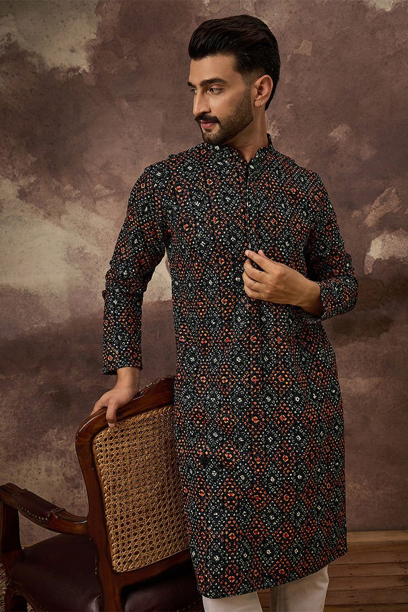 Black Viscose Rayon Bandhani Embroidered Straight Kurta With Pant Set | SHOBITAM