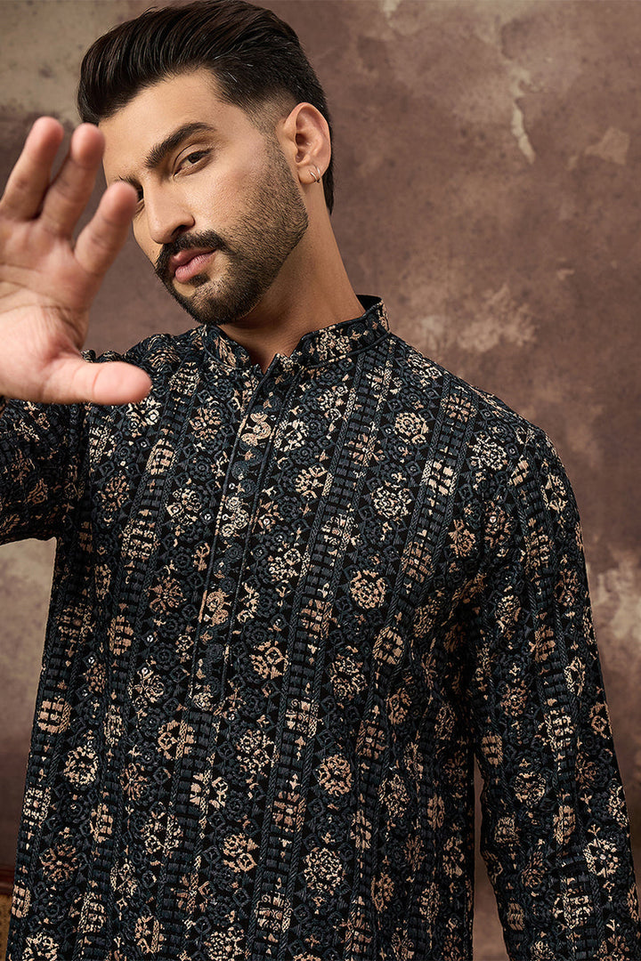 Black Viscose Rayon Geometric Embroidered Straight Kurta With Pant Set | SHOBITAM