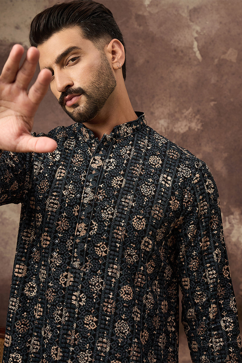 Black Viscose Rayon Embroidered Mandarin Collar Straight Kurta | SHOBITAM