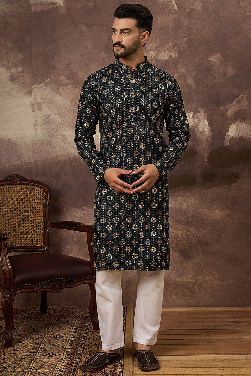 Black Viscose Rayon Embroidered Mandarin Collar Straight Kurta | SHOBITAM