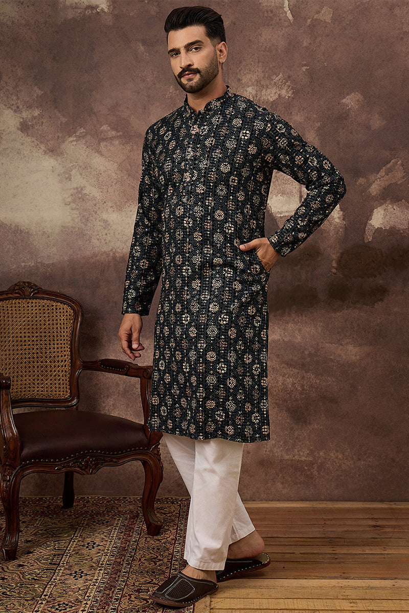 Black Viscose Rayon Geometric Embroidered Straight Kurta With Pant Set | SHOBITAM