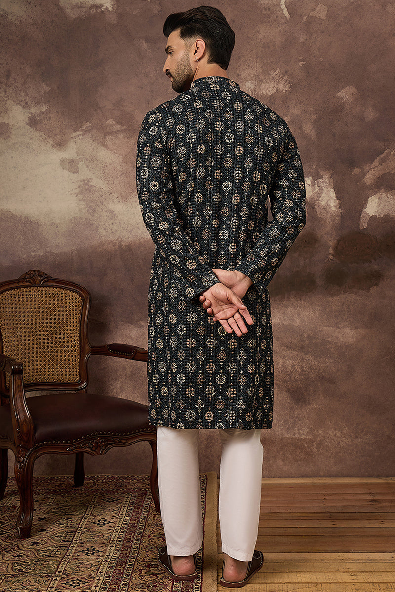 Black Viscose Rayon Embroidered Mandarin Collar Straight Kurta | SHOBITAM