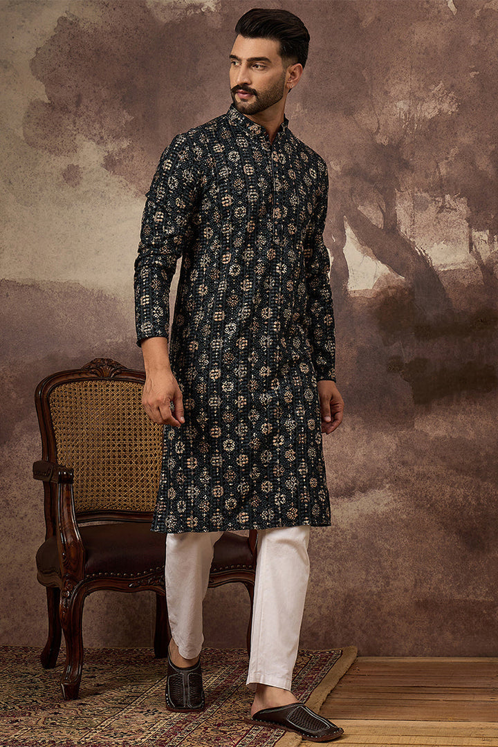 Black Viscose Rayon Geometric Embroidered Straight Kurta With Pant Set | SHOBITAM
