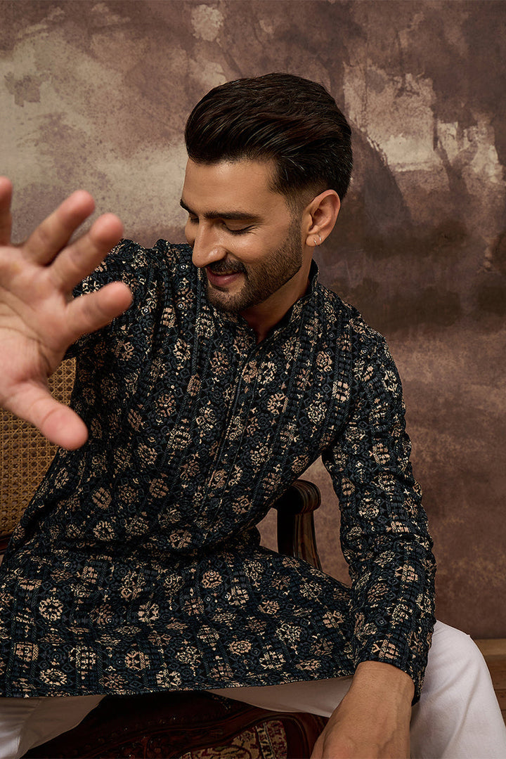 Black Viscose Rayon Geometric Embroidered Straight Kurta With Pant Set | SHOBITAM
