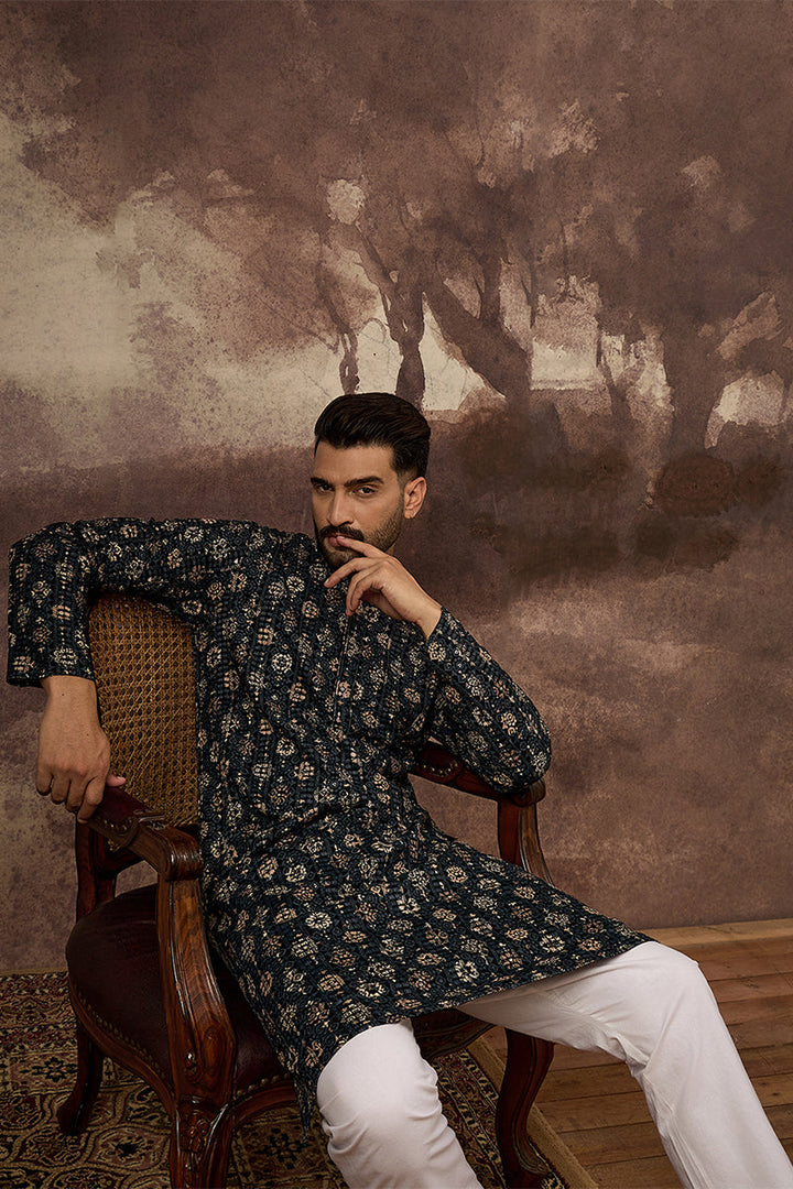 Black Viscose Rayon Geometric Embroidered Straight Kurta With Pant Set | SHOBITAM