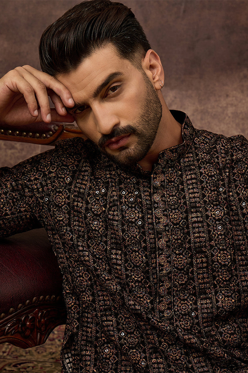 Black Viscose Rayon Embroidered Mandarin Collar Straight Kurta | SHOBITAM
